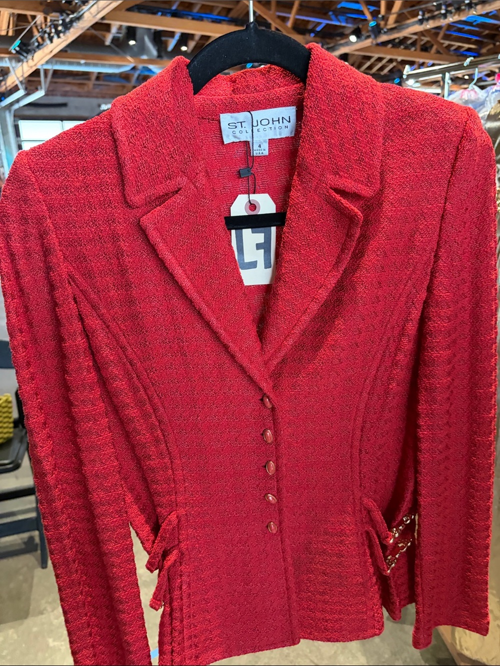 St. John Collection Red Knit Blazer Jacket with Tailored Lapel